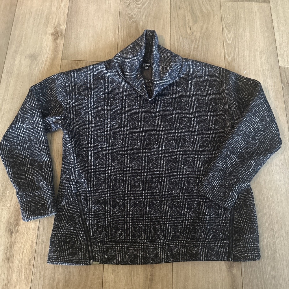 IZOD Women Black White Plaid Shawl Collar Fleece Pullover Side Zip XL
